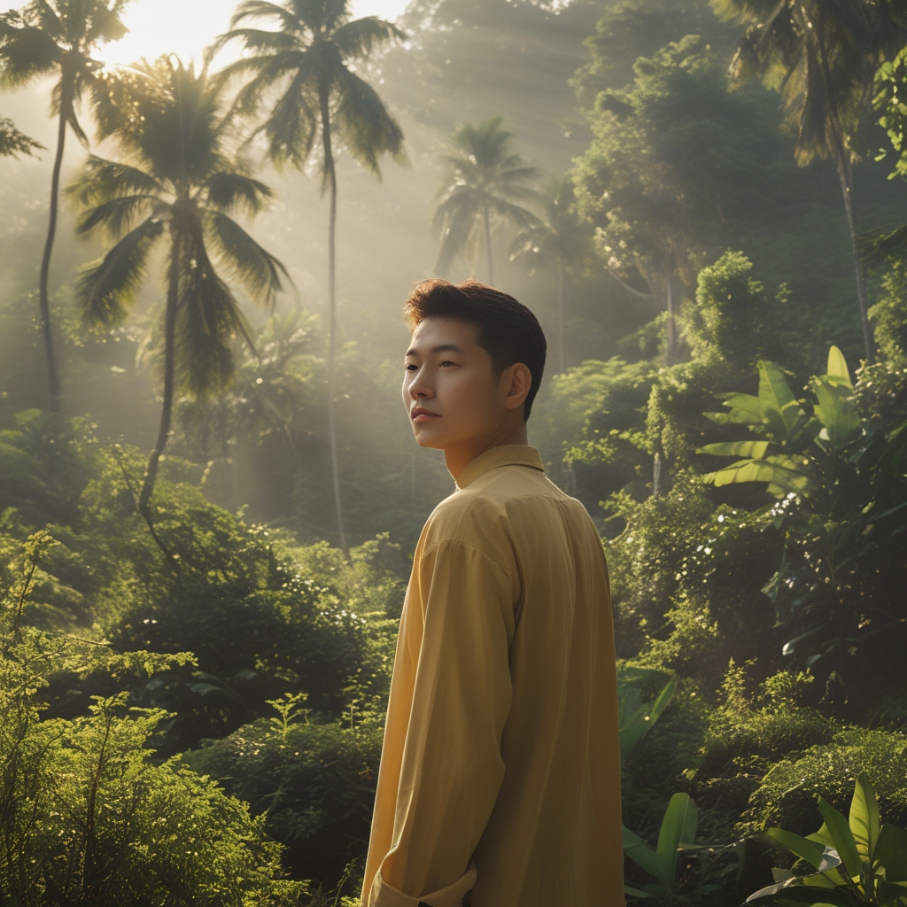 Pemandangan hutan hijau tropis yang tenang dengan cahaya matahari menembus dedaunan, melambangkan keseimbangan alam dan kesejahteraan