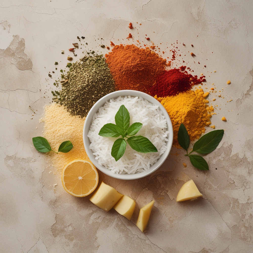 Tampilan atas aneka sayuran segar berwarna-warni meliputi bayam, wortel, paprika merah dan kuning diatur rapi di atas permukaan putih